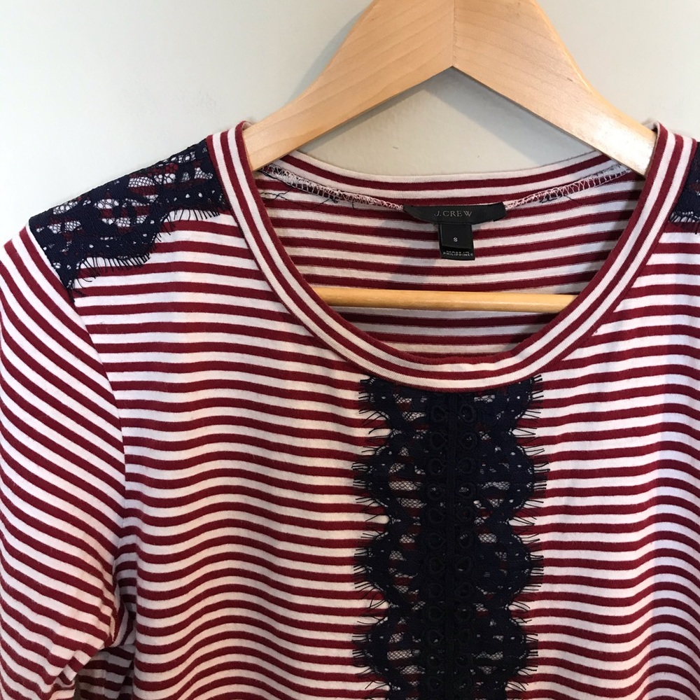 SOLD|J. Crew Red White Striped Blue Lace T-Shirt - Picture 3 of 6